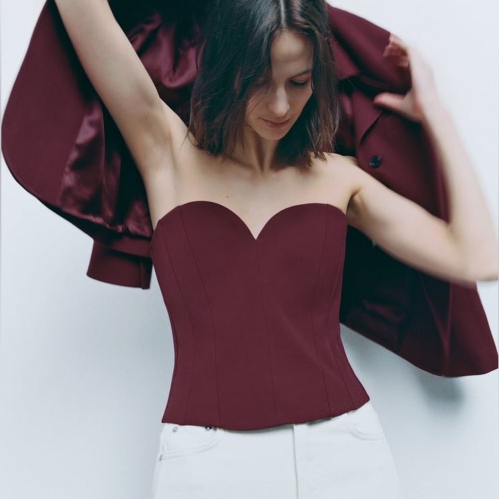 Zara Set - Wine Buttoned Tailored Blazer & Sweetheart Neckline Bustier - Picture 14 of 16